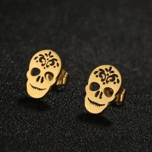 Halloween Stainless Steel Studs Lady Skull Jewelry Gold Tone